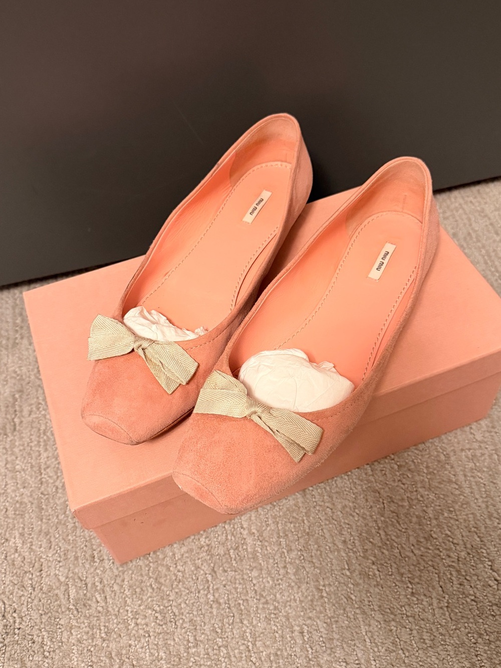 Miu Miu Pink Suede Ballet Flats with Beige Bow